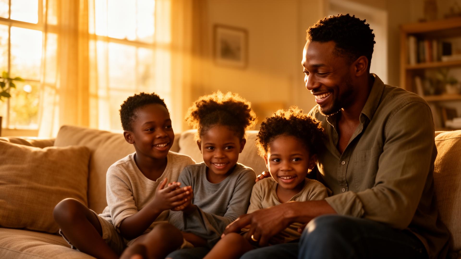A Black father with his three children sharing a joyful moment in a sunlit living room
