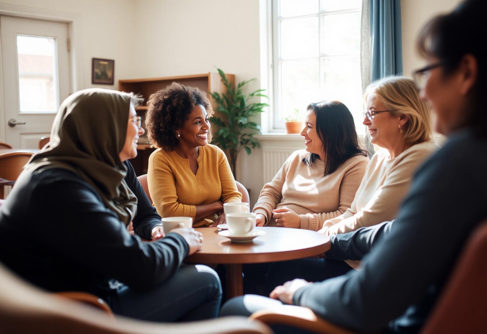 Women of different backgrounds sharing conversation in a sunlit community room