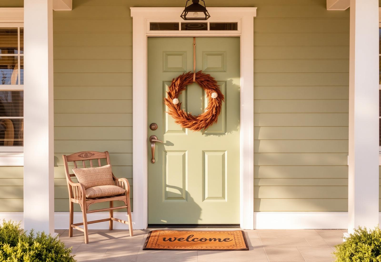 Welcoming sage green front door with a wreath and inviting porch