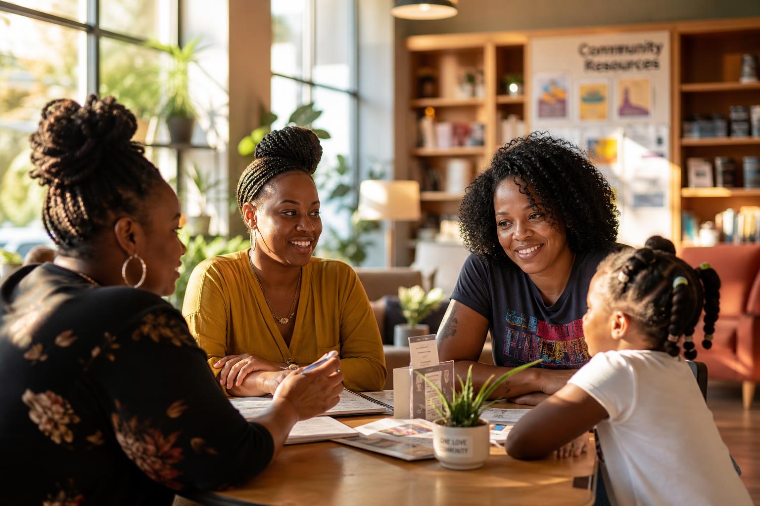 Diverse Black and brown women and families gathering in a warm, welcoming community space filled with sunlight