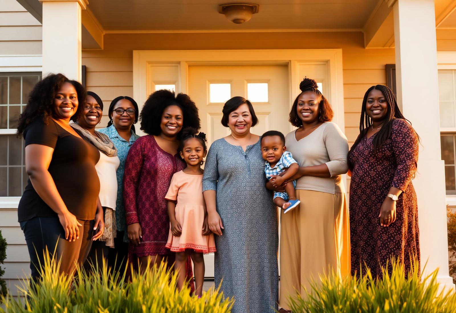Women and families standing together on the welcoming porch of a home at golden hour
