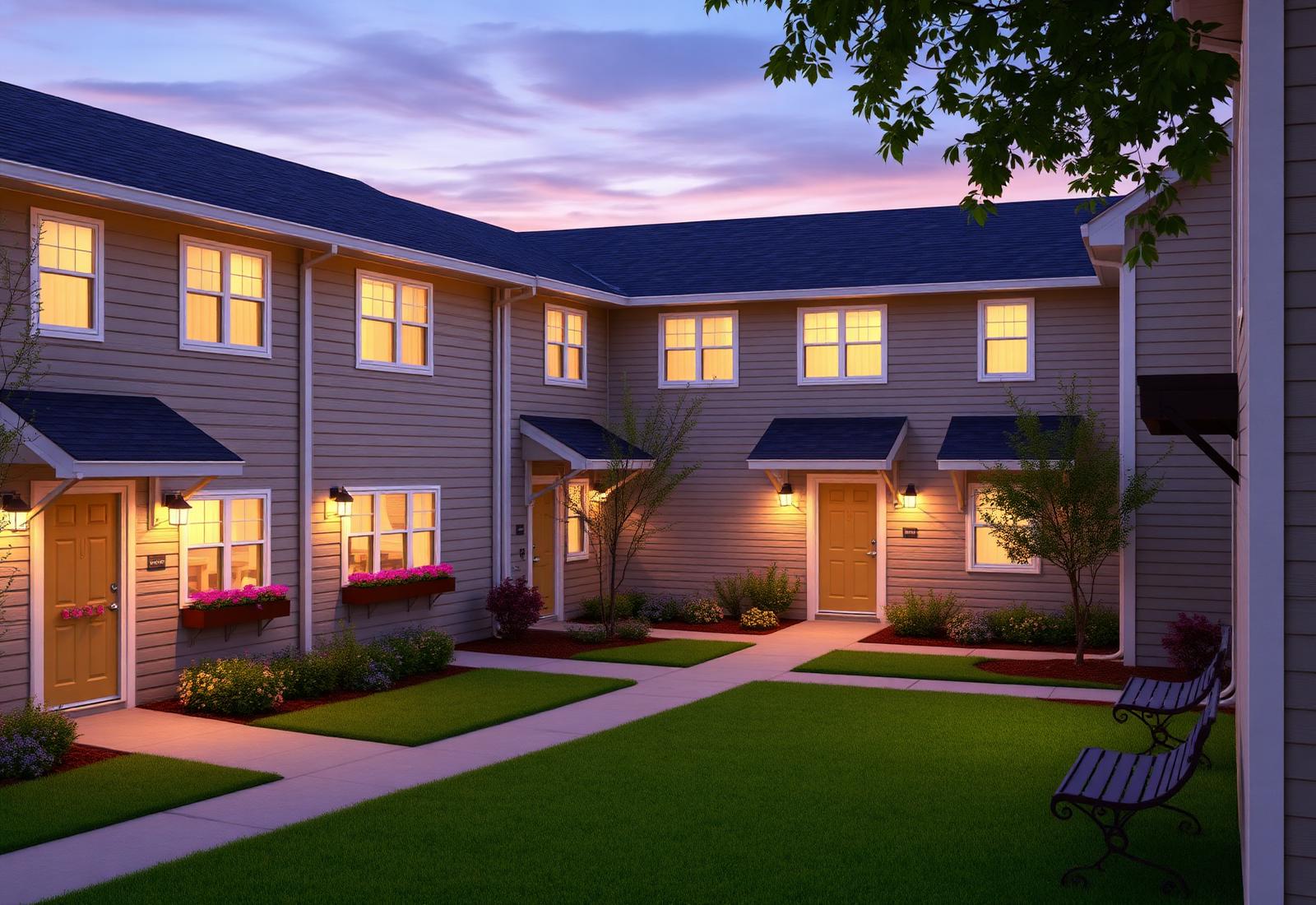 Welcoming supportive housing community with warm lighting at dusk