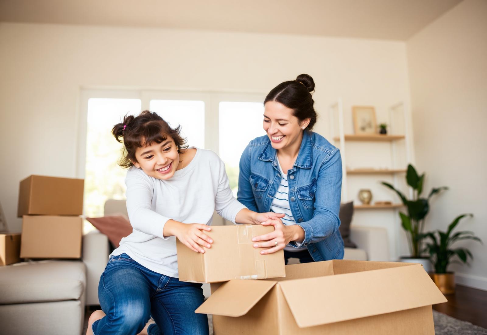Mother and daughter joyfully unpacking moving boxes in a sunlit new home